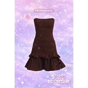 Peppermayo Brown Strapless Ruched Mini Dress Ruffle Hem Y2K Party XS